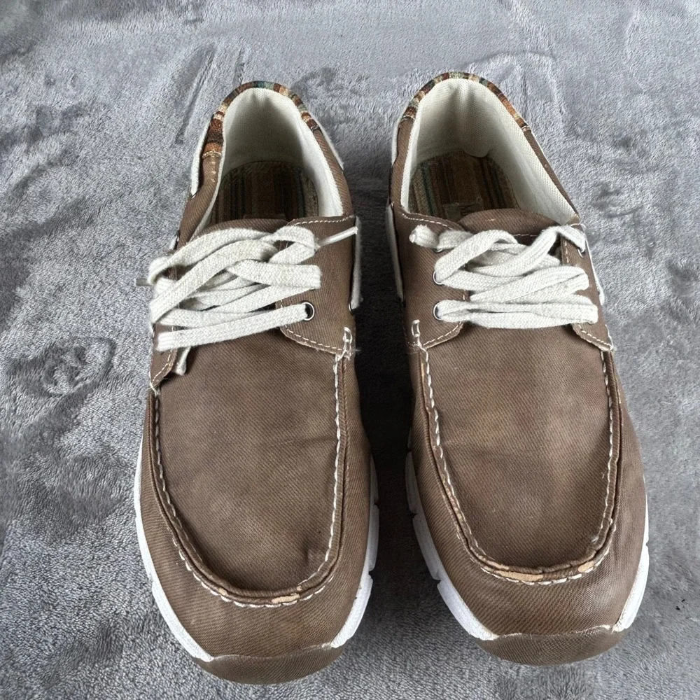 Margaritaville Cabo Brown Canvas Boat Shoes Mens 10M Striped Heel Loafers 315150